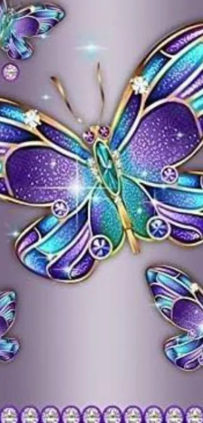 Vibrant purple and teal butterfly glitter wallpaper.