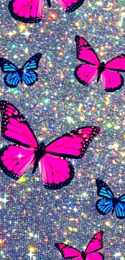 Vibrant pink and blue butterflies on glitter background.