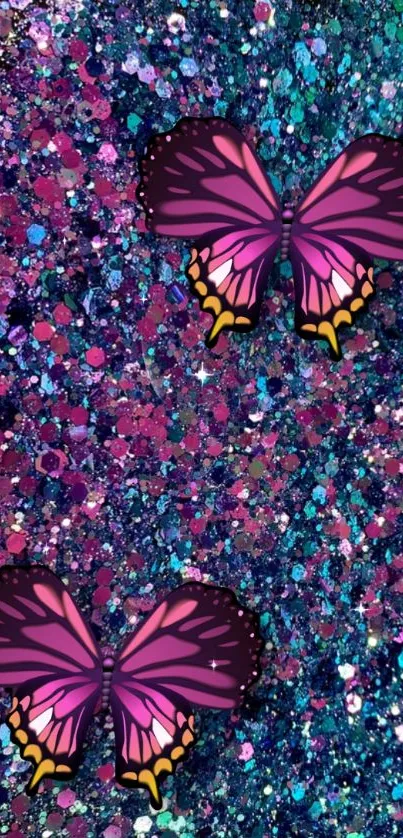 Colorful butterfly glitter wallpaper with vibrant purple hues.