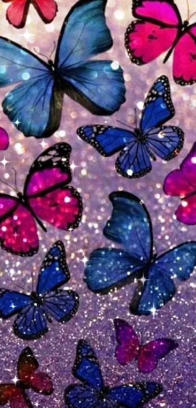 Vibrant blue and pink butterfly glitter mobile wallpaper.