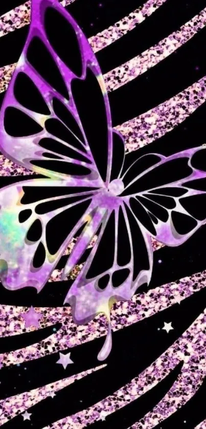 Purple butterfly with glitter on a zebra stripe background.