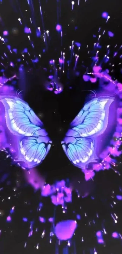 Vibrant butterfly with glowing purple wings on dark background.