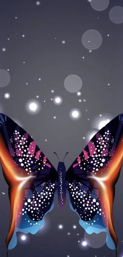 Glowing butterfly on dark background with vibrant colors and starry elements.