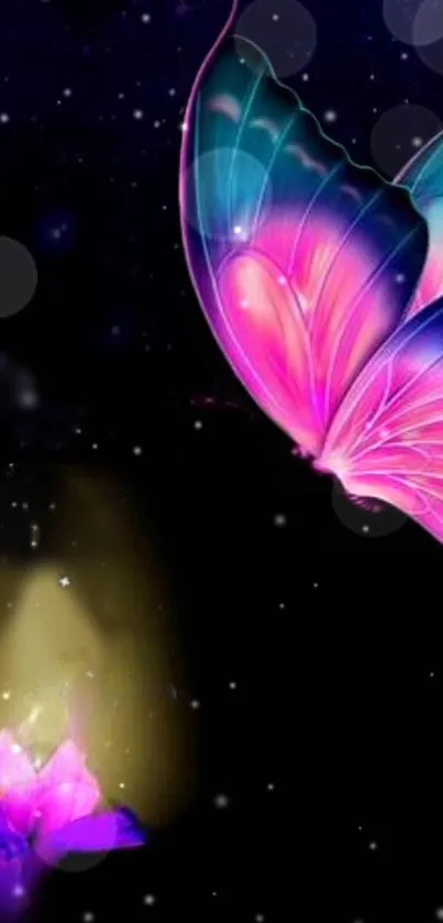 Vibrant neon butterfly with a glowing aura in the dark night sky.