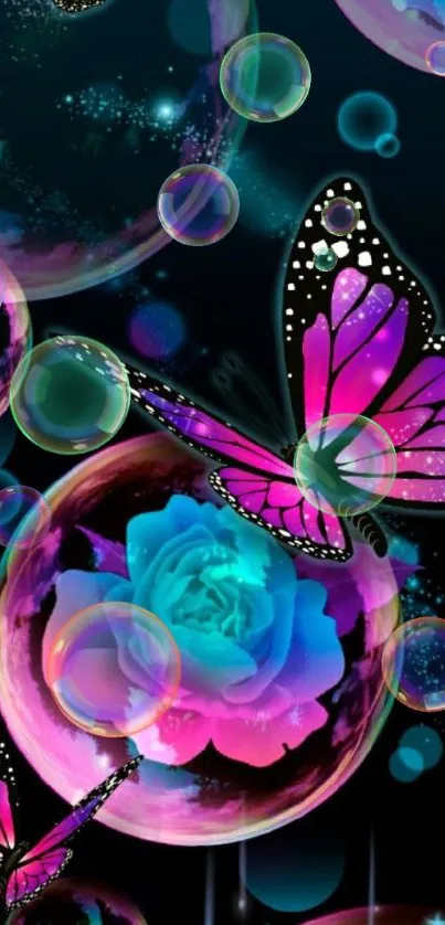 Vibrant butterflies and colorful bubbles glow in a captivating wallpaper.