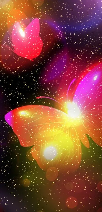 Colorful neon butterfly glow mobile wallpaper.