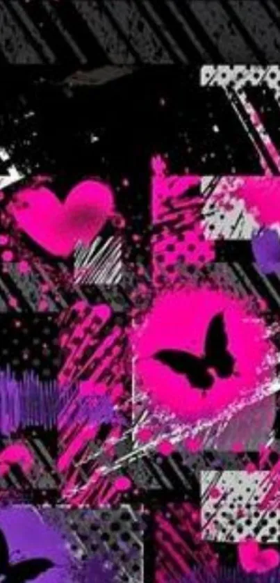 Graffiti wallpaper with butterflies and hearts in pink and purple.