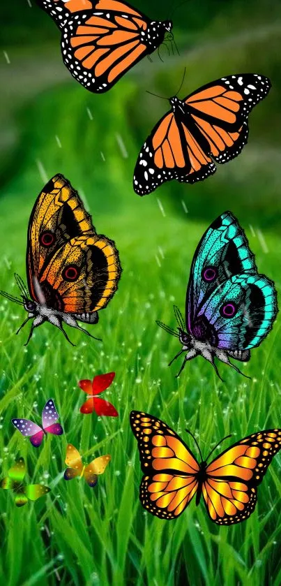 Colorful butterflies flying over lush green grass background.