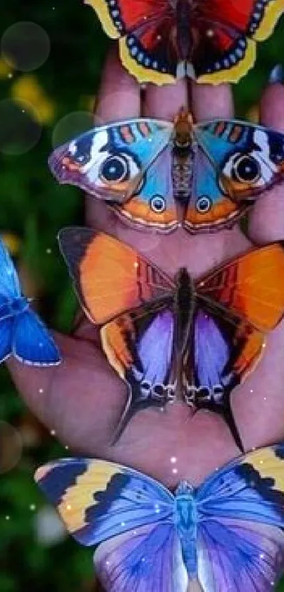 Vibrant butterflies resting on a hand, perfect for mobile wallpaper.