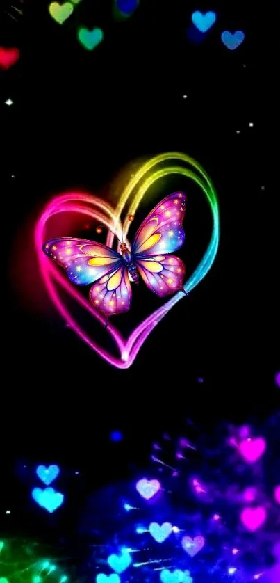 Colorful butterfly in a vibrant heart design on black background.