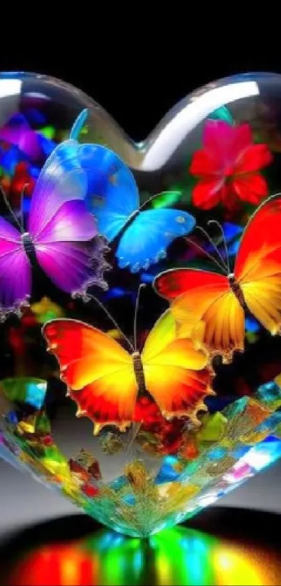 Vibrant heart-shaped wallpaper with colorful butterflies.