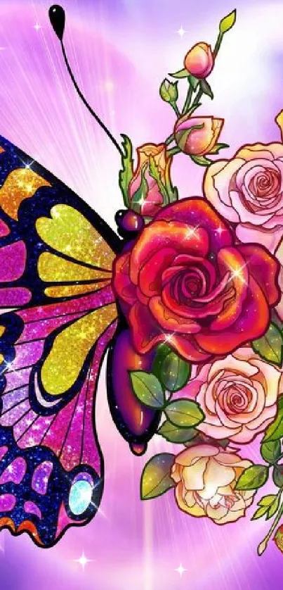 Vibrant butterfly and roses with heart background mobile wallpaper.