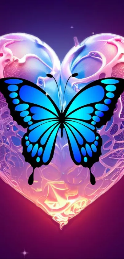 Blue butterfly on vibrant heart design wallpaper.