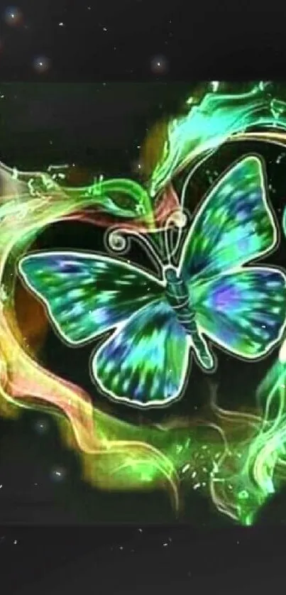 Vibrant butterfly with swirling heart design on black background.