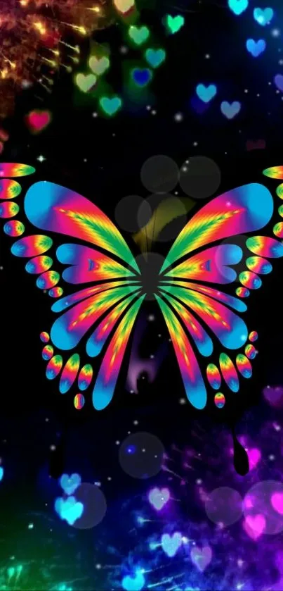 Vibrant butterfly with colorful wings on a dark heart-patterned background.