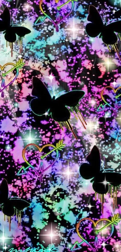 Colorful wallpaper with butterflies and hearts.