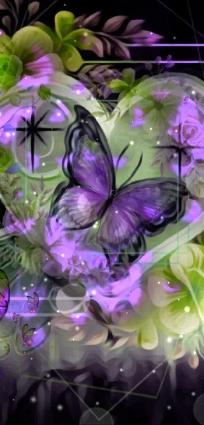 Vibrant butterfly and heart floral wallpaper in purple and green hues.