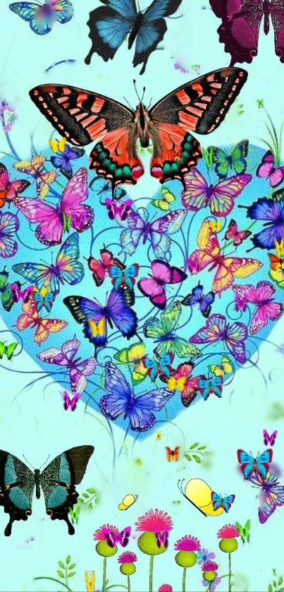 Aqua background with vibrant butterfly heart pattern.