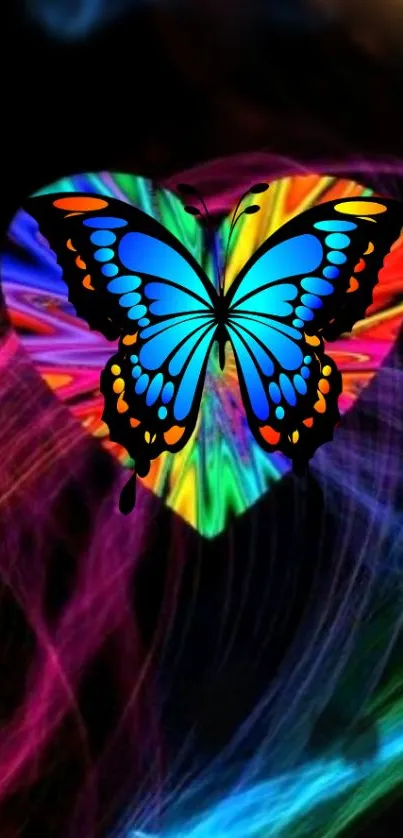 Colorful wallpaper with a blue butterfly on a vibrant heart background.