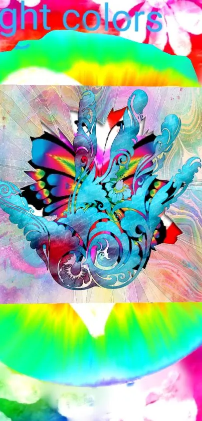 Vibrant butterfly on heart with tie-dye background.