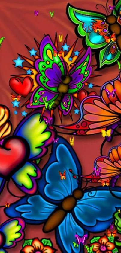 Colorful butterflies and hearts on a red background.