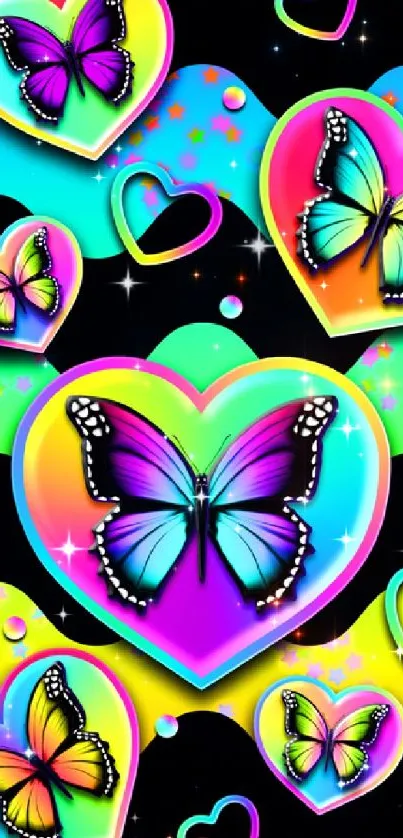 Colorful neon butterfly heart wallpaper with vibrant designs.