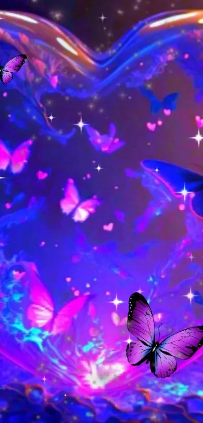 Vibrant purple heart with glowing butterflies on a mystical background.
