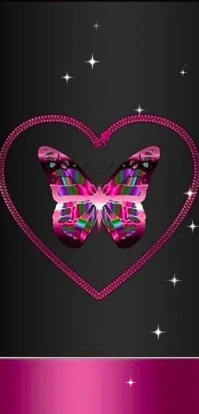 Colorful butterfly within a magenta heart on black background.