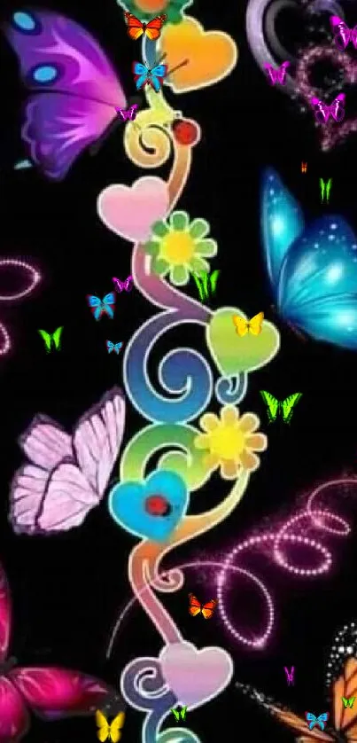 Colorful butterfly and heart mobile wallpaper with floral accents on black background.