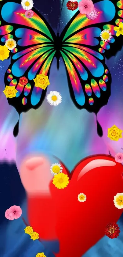 Colorful butterfly with heart and flowers wallpaper.