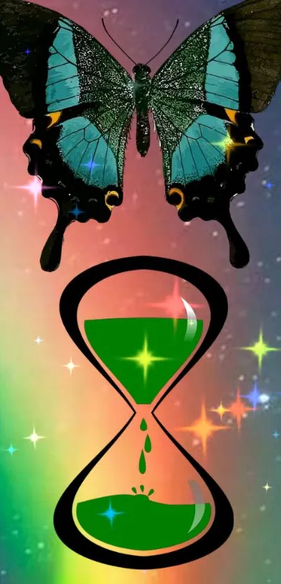 Vibrant butterfly with hourglass on colorful backdrop.