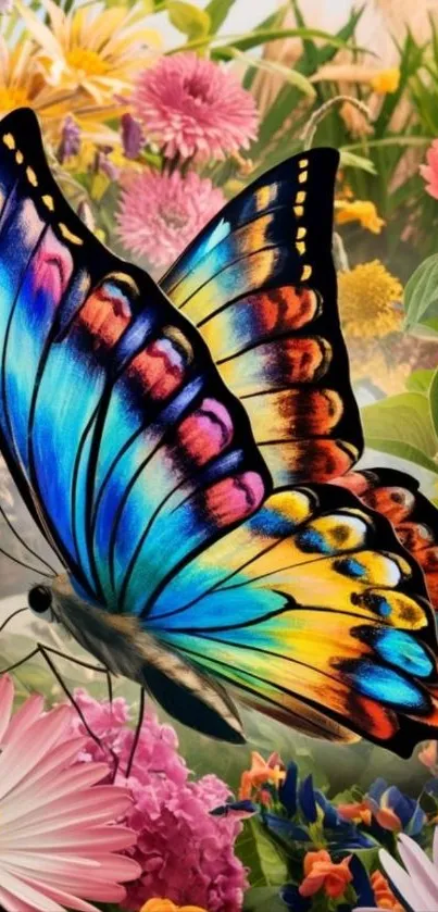 Vibrant butterfly among colorful flowers.
