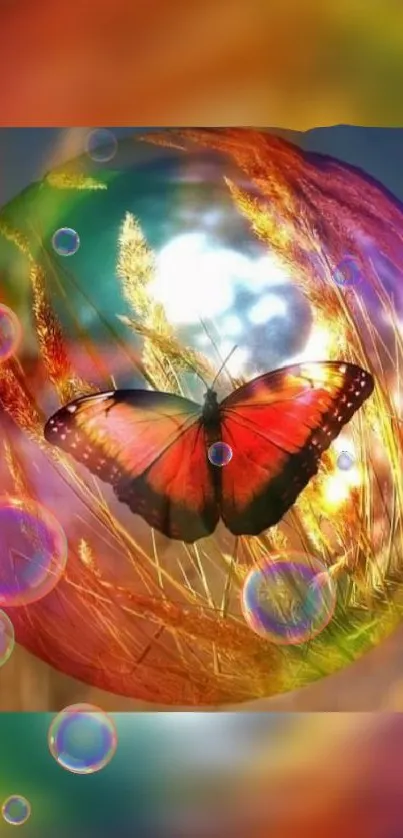 Red butterfly in vibrant bubble art on phone wallpaper.