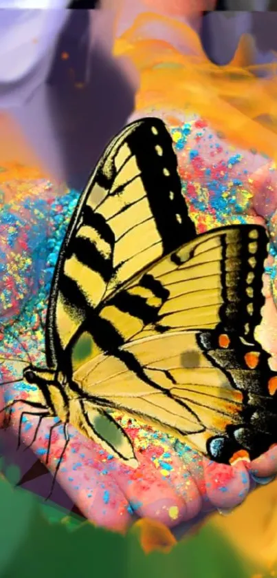 Vibrant yellow butterfly on colorful hands with artistic charm.