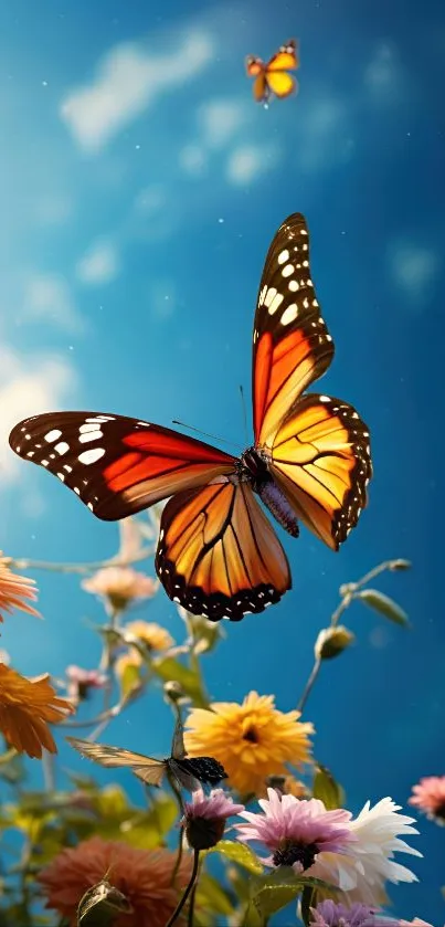 Colorful butterfly above a vibrant floral field under a blue sky.