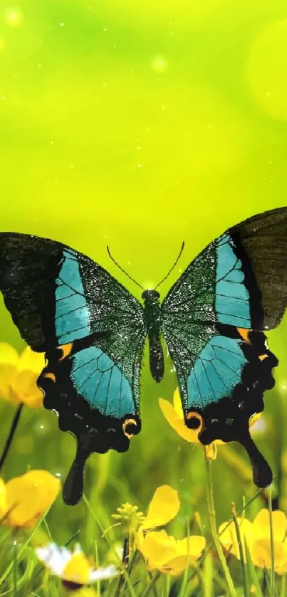 Blue butterfly and yellow flowers in vibrant green field.