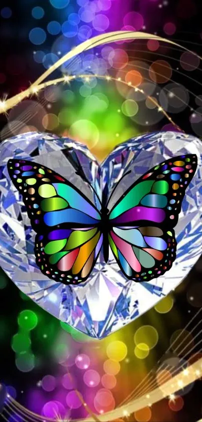 Multicolor butterfly on jewel heart with vibrant bokeh background.