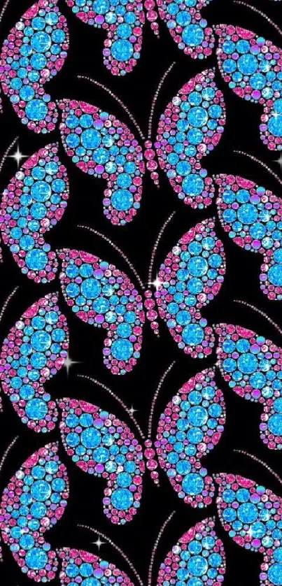 Colorful butterfly pattern wallpaper with gems.