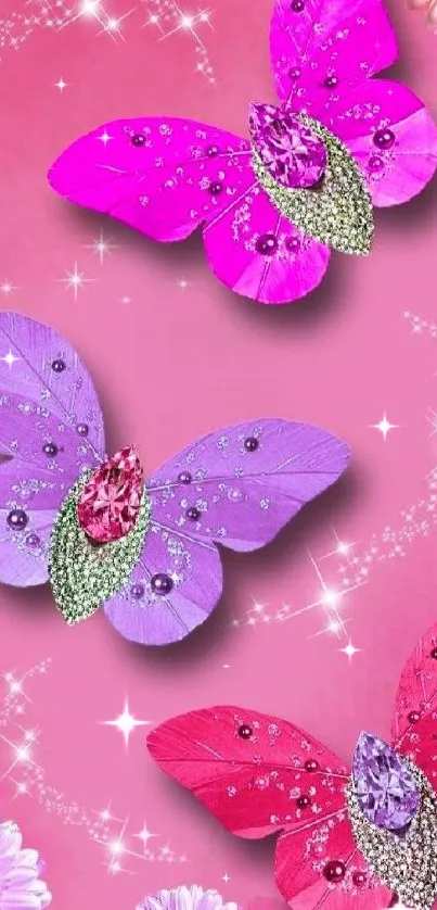 Pink wallpaper with jeweled butterflies and floral accents.