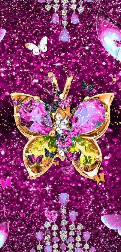 Vibrant butterfly jewel design on purple glittery background.