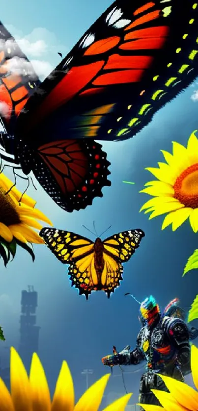 Vibrant butterflies and sunflowers under a vivid sky with a robot figure.