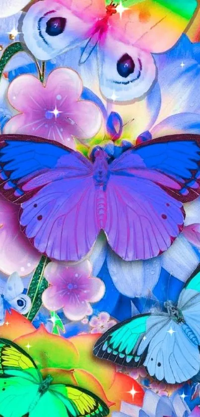 Colorful butterflies and flowers create a vibrant mobile wallpaper.