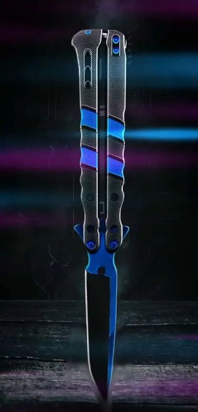 Vibrant butterfly knife with neon hues and intricate design on a dark background.