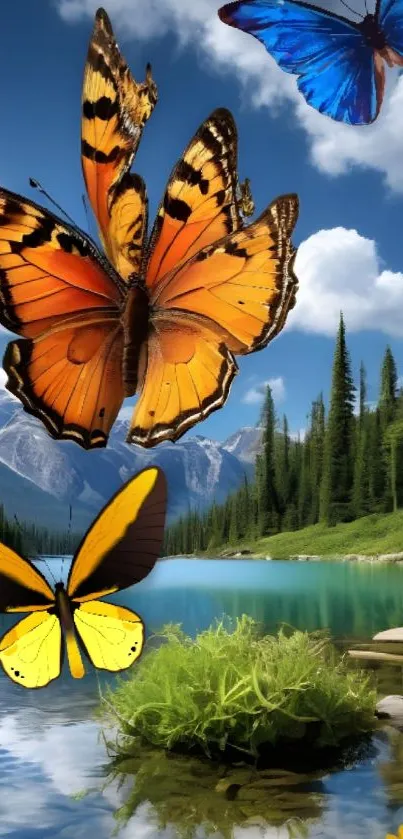 Colorful butterflies in a mountain landscape with a tranquil lake.