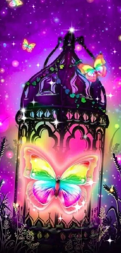 Vibrant butterfly lantern with neon glow on a purple starry background.