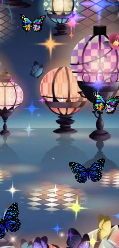 Colorful lanterns and butterflies wallpaper with blue hues.