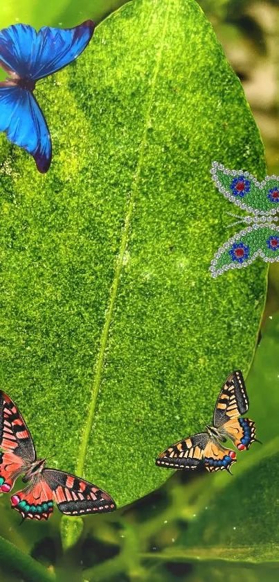 Colorful butterflies on a green leaf background.