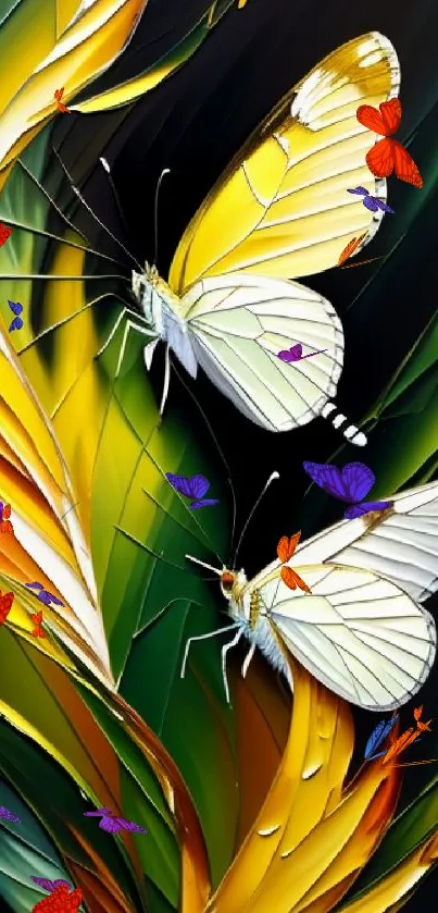 Two butterflies on vibrant leaves with dynamic colors.