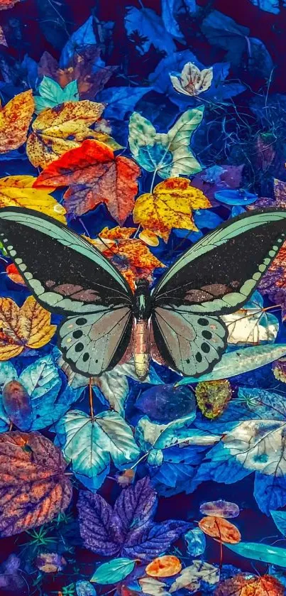 Vibrant butterfly resting on colorful autumn leaves in nature inspired wallpaper.