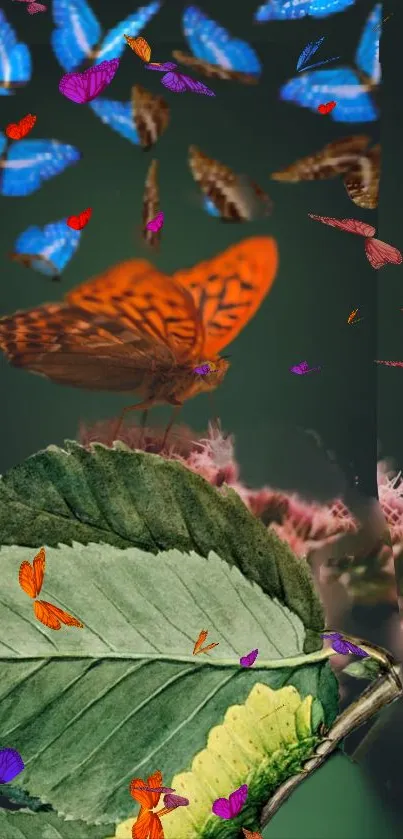 Vibrant butterflies above green leaves creating a colorful nature scene.